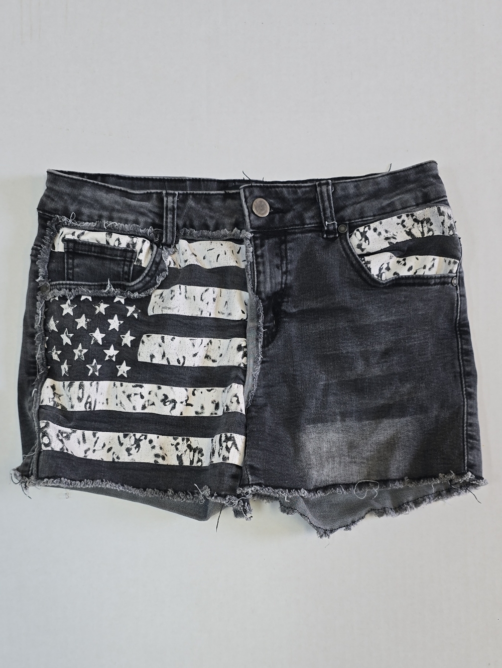 Black Denim Jean Shorts with American Flag Accent